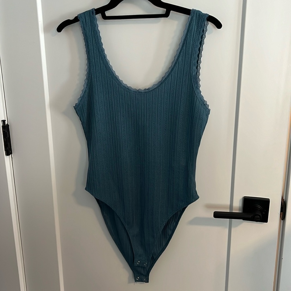 Blue Lace Trim Ribbed Tank Bodysuit NWOT